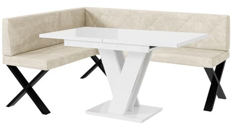 MEBLINI Eckbank für Esszimmer mit ausziehbarem Tisch - Küchenbank - Essecke - Sitzecke Küche - ERIC - X-Beine 128x168x87cm Links - Creme Samt/M Weiß Hochgl.