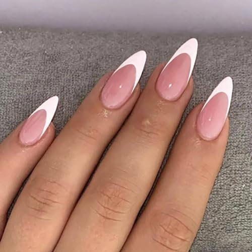 24PCS Press on Nails Almond - Pink French Tip False Nails with Glue - Medium Long Stick on nails - Full Cover Fake Nails Almond - Tips and Glue on nails for Women French Manicure