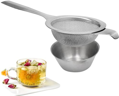 Stainless Steel Tea Filter with Drip Bowl – Tea Strainer for Loose Leaf Tea | Non-slip handle, rust-resistant, easy to clean, for loose leaf tea, coffee, dry ingredients, kitchen tool(1 Pack)