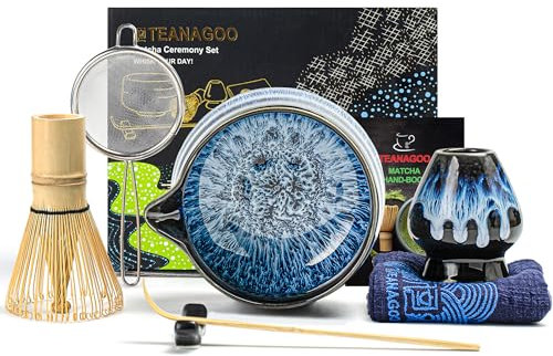 TEANAGOO Juego de 7 batidores de matcha, juego de matcha para ceremonia, kit de matcha azul junware, juego de té matcha para hacer desayuno/café con leche, cuenco de cerámica (chawan) con boquilla y
