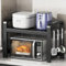 Uwenkjie Expandable microwave and oven rack, kitchen counter storage rack with 6 hooks, space saving, black upgraded and thickened version