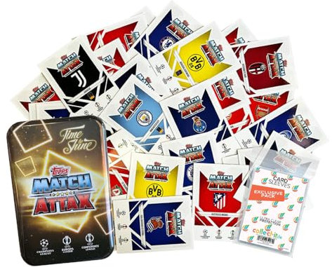 Bundle mit Match Attax Champions League 2024/25 - Trading Cards - 50 Verschiedene, zufällige Karten + 1 Leere Tin Dose + Exklusive Collect-it Hüllen