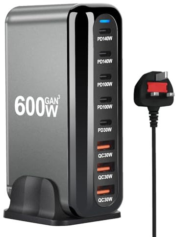 600W USB C Charger, GaN Fast Charger, 8 Ports, PD 140W PD 100W, Compatible with MacBook Pro/Air, Microsoft Surface, Dell HP Asus Lenovo Laptop, Apple iPhone, iPad Pro, Samsung Galaxy