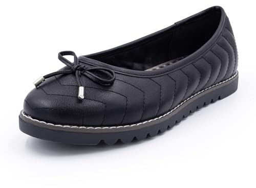 Cushion Walk Women's EEE Extra Wide Faux Leather Ballet Flats Shoes, Chunky Sole, Chevron Stitching, UK Size 6, Black