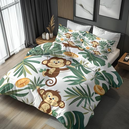 Generisch Bettwäsche AFFE Affenmotiv 2tlg, Deckenbezug 135x200, 1 Kissenbezug 80x80, Tropische Dschungel Tiere Wendebettwäsche & Deko, Weiche Mikrofaser Bettbezug Set mit Reißveschluss pa0