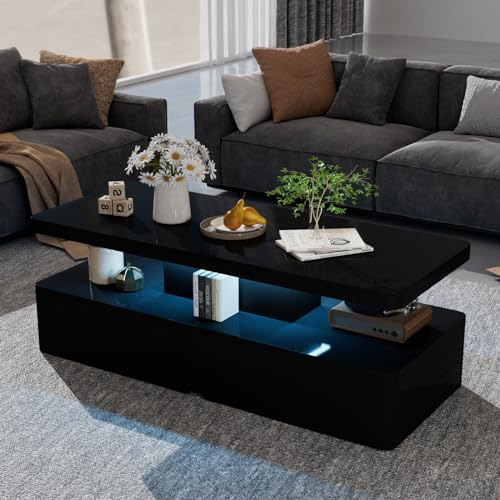 oneinmil Modern LED Coffee Table, 40 Living Room Tables with 16 Colors LED Lights, Double-Layer Design, Stylish Coffee Tables for Living Room, Black