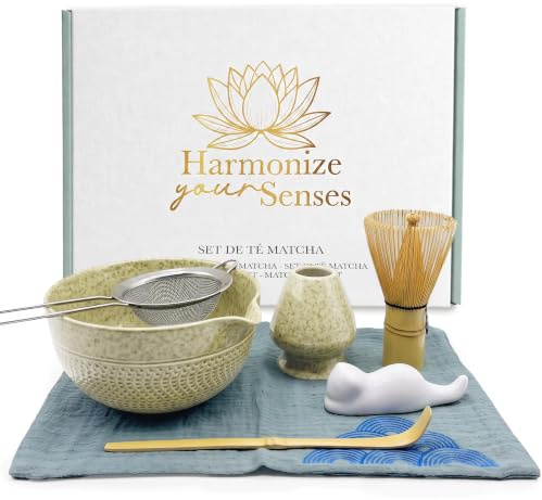 HarmonizeYourSenses Kit Matcha Completo, Set Matcha Kit de Ceremonia de Te, Juego de Te de 7 piezas. Tazón de Cerámica y Batidor Premium de Bambu de Calidad, Ideal para Regalo. Bienestar y Harmonía.