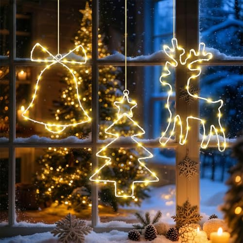 Glovios Weihnachtsbeleuchtung Fenster Innen 3 Stück LED Lichtervorhang Weihnachten Lichter Fenster Weihnachten 8 Modi Wasserdicht Weihnachtsdeko Beleuchtung (Warme Lichtfarbe)