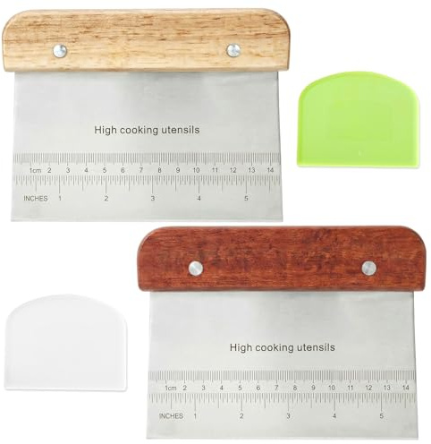 4 Pcs Dough Scrapers, Stainless Steel Bench Scraper with Wooden Handle and Plastic Dough Cutter, Kitchen Food Scraper for Baking, Bread, Pastry, Pizza, Cake