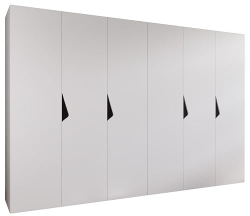 MEBLE KRYSPOL - Kleiderschrank - Garderobenschrank - 300 cm x 202 x 52 cm - Schrank mit Kleiderstange, 6 Türen - für Schlafzimmer, Flur - SANDI, Weiß, Griff Schwarz