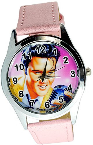 taport® Elvis Presley Bergkristall rund Armbanduhr Pink Echt Leder Band Farbe Zifferblatt + Gratis Ersatz Batterie + Gratis Geschenkverpackung
