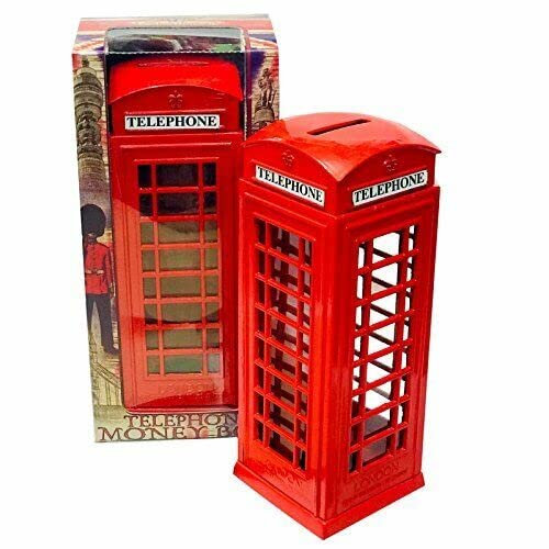 KAV Rote Telefonzelle Spardose, Bank-Souvenir, Zinkdruckguss, London-Souvenir mit Union Jack, Sammlerstück mit leicht zugänglicher Kappe für Kinder und Erwachsene, unverwechselbare Größe: 14 x 6,9 x