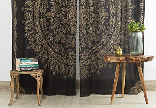 Popular Handicrafts Indisches Hippie-Mandala, Bohemian-Stil, wunderschön, schwarz, goldfarben, Fenstervorhang, Schlafzimmer, Wohnzimmer, Balkon, Volant