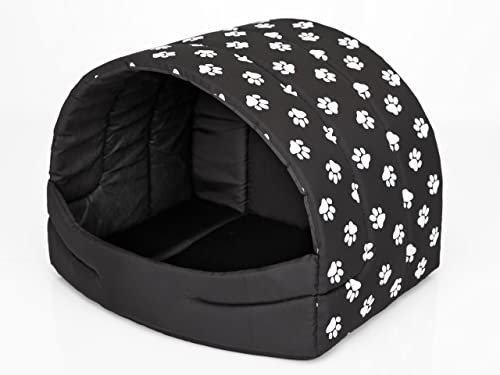 Hundehütte Hundehöhle Hundebett Hundehaus Katzenhöhle Schlafplatz XL - 60x49 cm Schwarz mit Pfoten
