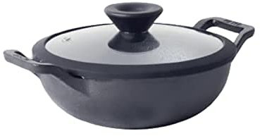 Meyer Cast Iron Kadai|Iron Kadhai with Lid, 20cm/1.5L, Black, Non-Stick, Gas & Induction Stove Compatible