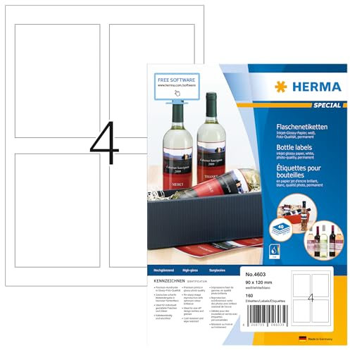 HERMA 4603 Flaschenetiketten, 1280 Blatt, 90 x 120 mm, 4 pro A4 Bogen, 5120 Stück, selbstklebend, bedruckbar, glänzend, blanko Flaschenaufkleber Etiketten aus hochwertigem Papier, weiß