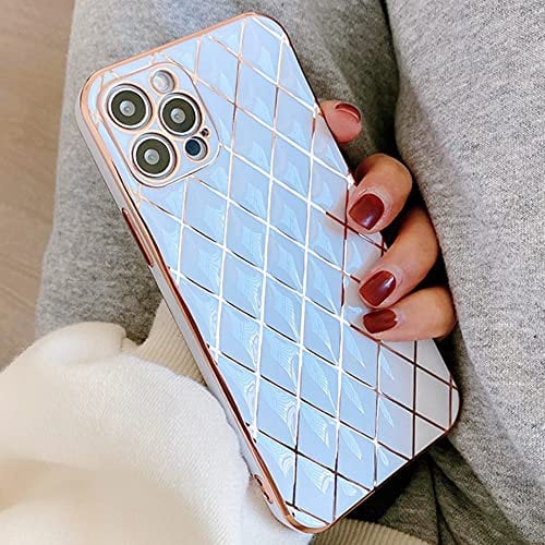 OWM iPhone 13 Pro Max Case Silicone [Quilted Designer Back] Shockproof Gold Edging Luxury Girls Women [Camera Lens Protective] Phone Cover Compatible for iPhone 13 Pro Max 6.7 inch (White)