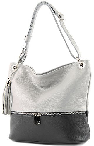 modamoda de - T143 - ital. Leder Schultertasche Umhängetasche, Farbe:Grau/Dunkelgrau2021