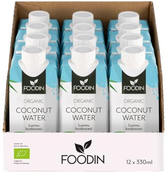 Foodin Bio-Kokoswasser – 100% natürliches Kokosnusswasser mit Elektrolyten – glutenfrei, kalorienarm, fettfrei, vegan – 12er Pack (12 x 330ml)