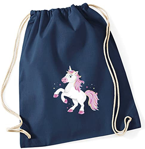 Turnbeutel für Kinder | Motiv Einhorn | Schuhbeutel Sporttasche Jutesack zum Zuziehen für Mädchen | Stoffbeutel mit Kordel für Schule, Kindergarten, Freizeit (dunkelblau)