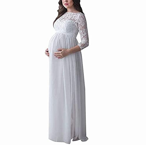 XIXIMAON Robe de Grossesse Longue Femme en Dentelle Robe Matérnité Enceinte d'Été Élégante pour Photographie Soirée Mariage Cérémonie Cocktail (S, Blanc)