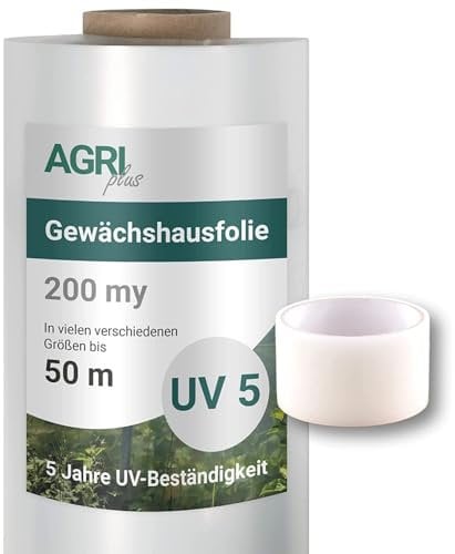 AGRI plus Gewächshausfolie mit Reparaturband I 3,2 x 10 m I Verschiedene Größen I Stärke 0,200 mm I Reißfeste Gartenfolie für Abdeckungen I Schutzplane wetterfest & 5 Jahre UV-beständig