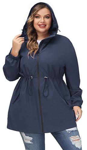 Hanna Nikole Manteau Imperméable Long À Capuche Pour Femme - Coupe-Vent Léger Et Imperméable Avec Fermeture Éclair Veste De Sport Avec Poches Bleu Foncé 58