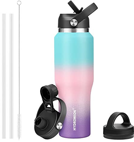 HYDROWION Stainless Steel Water Bottle, 32oz Wide Mouth Double Wall Vacuum Insulated Water Bottle with Straw Lid, Spout Lid and Flex Cap, Leakproof,Fit in Any Car Cup Holder, Mint&Pink&Purple