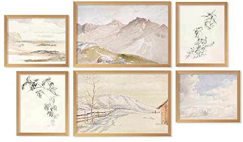 Ujoyful Vintage Neutral Landschaft Kunstwerk,Set mit 6 Landschaftsbildern für Wohnzimmer Schlafzimmer,Bergwolke botanische Kunstdrucke,Warme ästhetische Wanddekoration (ungerahmt)