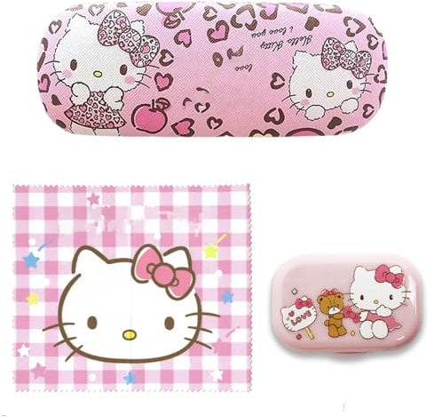 Rondlaho Kawaii Kitty Cat Hard Shell Eyeglasses Case with Cleaning Cloth, Portable Contact Lens Case Cute Lens Holder Kit, Kitty, 均码