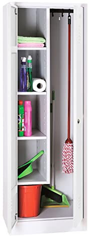 Schrank & Stuhl Mehrzweckschrank | Besenschrank mit verkürzter Trennwand, Hakenleiste und 5 Fächern 180x60x50, Drehriegelverschluss, komplett montiert, Grau/Weiß