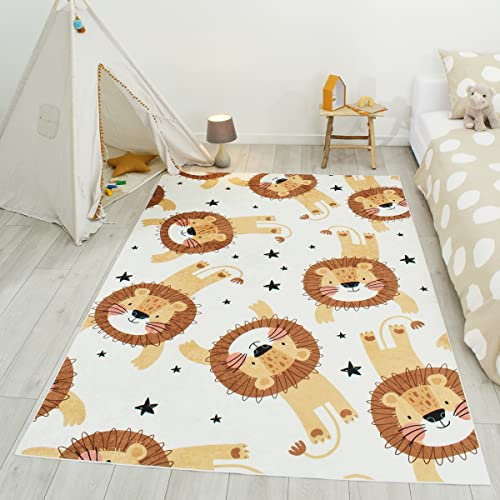 Nazar Kinderteppich für Kinderzimmer, Babyteppich, für Mädchen und Jungen, Motiv Dinosaurier, Weltkarte und Tiere (748 beige, 120x160 cm)