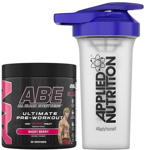 Applied Nutrition Bundle ABE Pre Workout 375g + 700ml Protein Shaker | All Black Everything Pre Workout Powder, Energy & Physical Performance with Creatine, Beta Alanine (Baddy Berry)