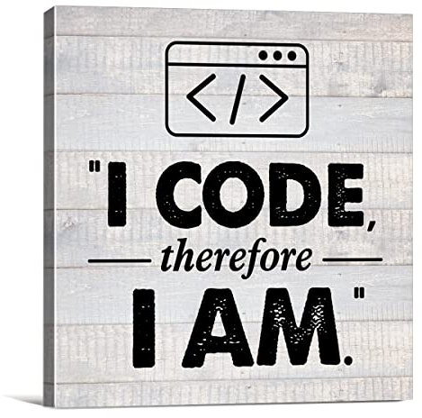 Heijie Humor Büro Leinwand Wandkunst Gerahmter Druck 20,3 x 20,3 cm Rustikal I Code Therefore I am Programmer Poster Malerei Schreibtisch Schild Dekor für Arbeit Büro Geschenk für Coder Computer Geek