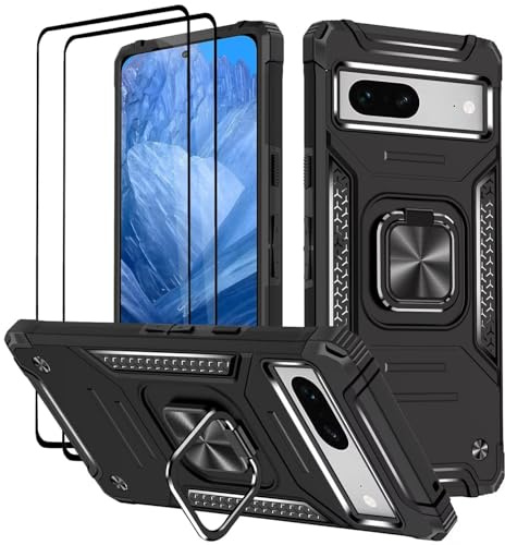 KANSi Hülle für Google Pixel 8A, Schutzfolie [2 Stück] Silikon TPU Hart PC Handy Hüllen 360 Grad Drehbar Ringhalter Bumper Stoßdämpfung Schutzhülle - Schwarz