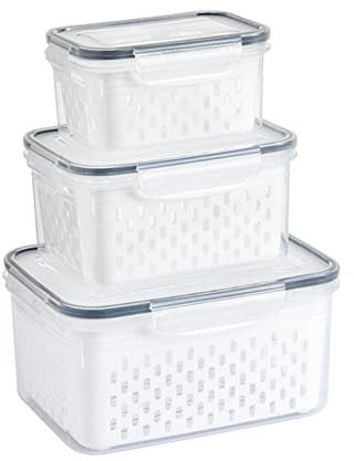 Qcwwy 3pcs Fresh Food Storage Containers, Drain Storage Basket Box with Removable Colander Produce Fruit Fresh Saver Containers with Lids Vegetable Storage Containers for Refrigerator