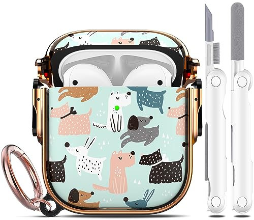 R-fun Custodia per AirPod con blocco di sicurezza con kit di pulizia, stampa floreale Custodia per AirPods di 1a/2a generazione per donne e uomini con portachiavi per Apple Airpods,Cane bianco