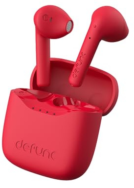Defunc True Lite Rot - Drahtloser Bluetooth 5.3 Hi-Fi Stereo Sound Kopfhörer, Touch Control, Integrierte Mikrofone, 20 Stunden Wiedergabezeit, USB-C Charge, für iOS und Android Telefon