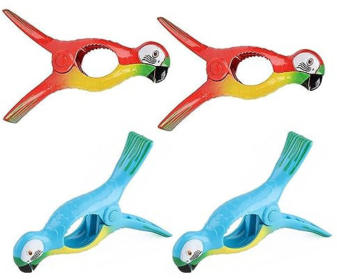 Lot de 4 grandes pinces à linge pour serviette de plage - En plastique - Coupe-vent - Pour linge quotidien, serviette de plage, serviette de bain, literie et vêtements épais - Forme de perroquet (4