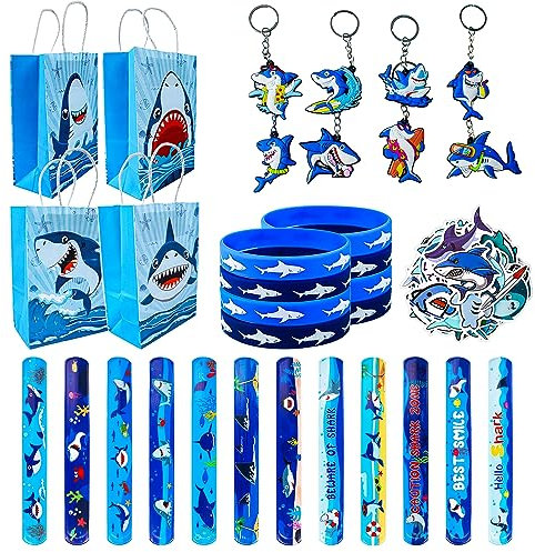 86PCS Mitgebsel Hai Kindergeburtstag — 12 Hai Slap Armband, 8 Silikon Armband, 8 Hai Party Taschen, 8 Hai Schlüsselanhänger, 50 Hai Aufkleber, für Geburtstagsdeko Hai, Meer Party, Party Deko Hai