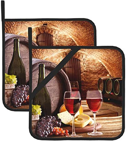 Set di 2 presine per cantina di vino rosso, resistenti al calore, antiscivolo, con tasche per cucina, cucina, cottura al forno, barbecue