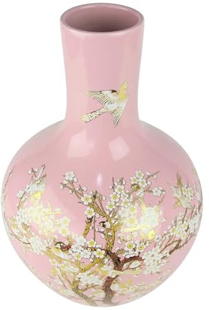 Fine Asianliving Vase Chinois Rose Fleurs Fait Main D24xH36cm Chinois Vase avec Couvercle Asiatique Jingdezhen Mandarin Décorative