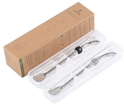 CUOPRU Juego de bombillas Yerba Mate: incluye pajitas de acero inoxidable mate con funda para pajita, funda para pajita, filtro de cabeza extraíble, cuentas coloridas, cepillo de limpieza (negro y