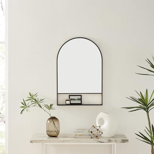 Furniturebox UK Dara Black Metal Arch Wall Mirror with Shelf - Stylish Industrial Decorative Mirror with Metal Shelf for Hallways, Bedrooms, Living Rooms and Dining Rooms