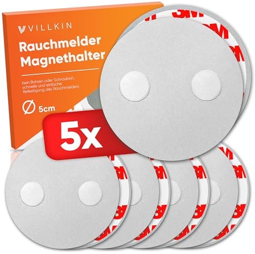 Villkin Rauchmelder Magnethalter - 5 Stück, ∅ 5cm - Magnetische Halterung für Feuer- und Rauchmelder ohne Bohren für alle Oberflächen - Schnelle und einfache Montage (5X, 5cm Durchmesser)