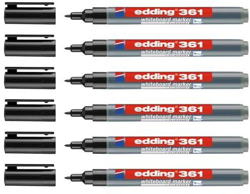 Edding Set mit 6 Markern für Whiteboards 361, Schwarz, feine Spitze, 1 mm