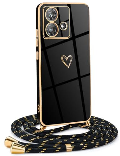Mkej Funda para Motorola Edge 40 Neo con Cuerda, TPU Suave Silicona diseño de corazón con Chapado en Oro de Lujo, Funda Motorola Edge 40 Neo Cuerda para Mujeres y niñas
