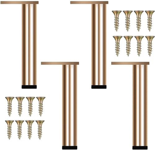KMERCE 4pcs Pieds de Meuble Doré Métal, Pied de Table Moderne, Pieds Rechange pour Table Basse, Meuble TV, Armoire, Table à Manger, Lit, avec Vis+Base Antidérapante+Hauteur Réglable de 35-35.8cm