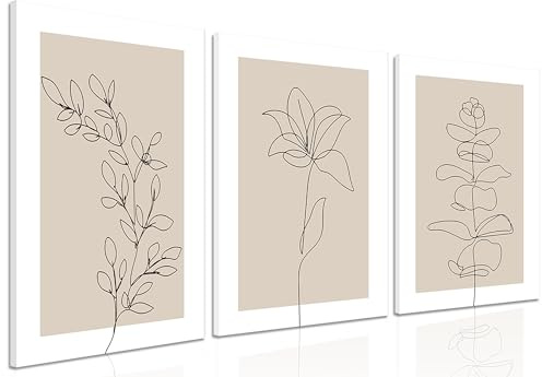 MANPPOP Neutrale botanische Leinwand-Wandkunst, 3er-Set, beige Linie, minimalistische Pflanzen-Posterdrucke, abstraktes Boho-Blumen-Kunstwerk, Wanddekoration, Gemälde für Badezimmer, Schlafzimmer