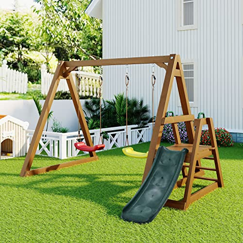 Schaukel Outdoor, Schaukelgestell mit Rutsche und Kletterleiter, Kinderschaukel aus Massivholz, Outdoor Doppelschaukel, Spielplatz für Garten, 50 kg Tragkraft, 238,5x240x168,9cm
